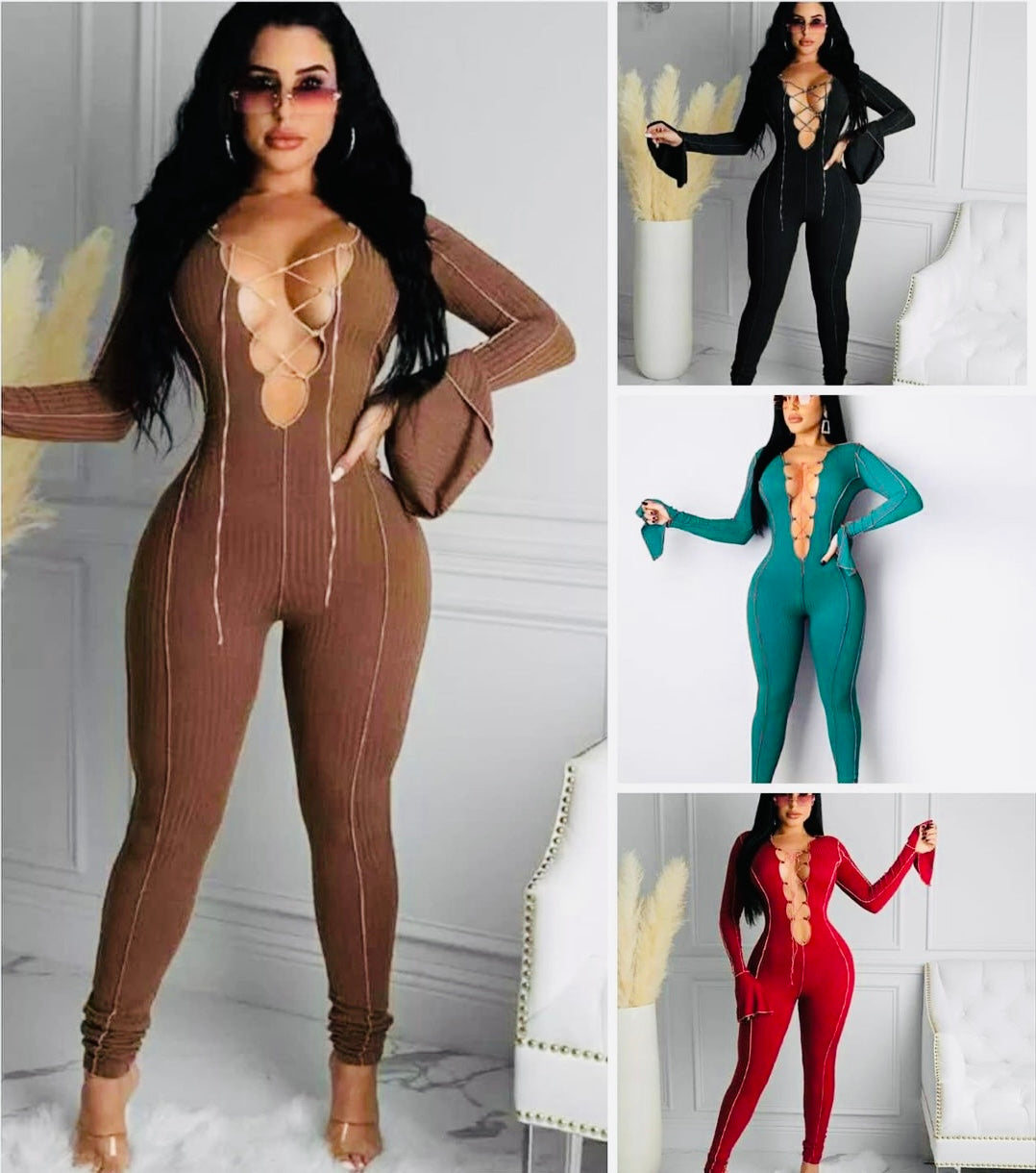 Sexy Lace up V-neck Flared Sleeves jumpsuit